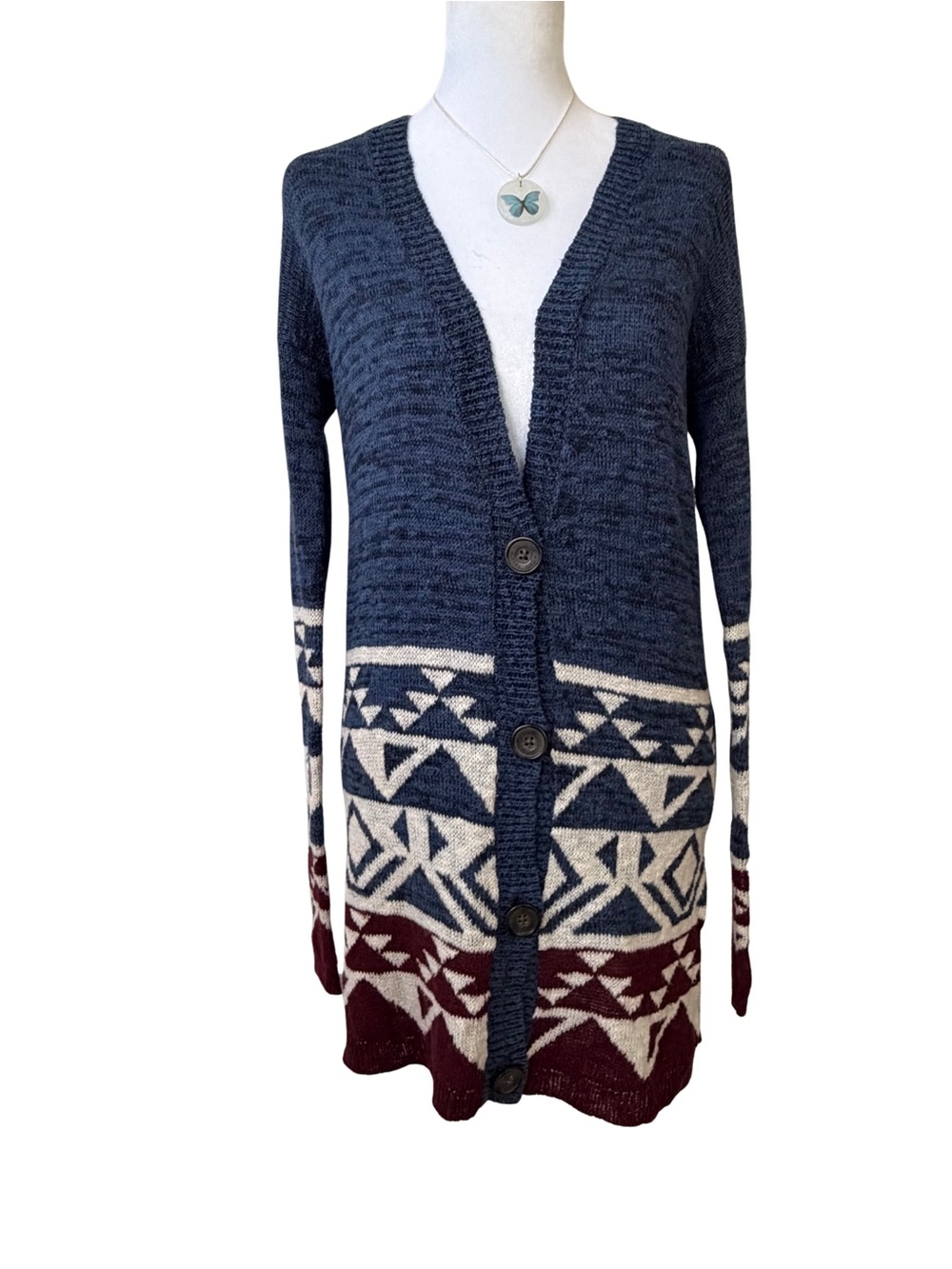 Hollister Navy, Cream & Burgundy Aztec Button-Up Midi Cardigan Size XS/S